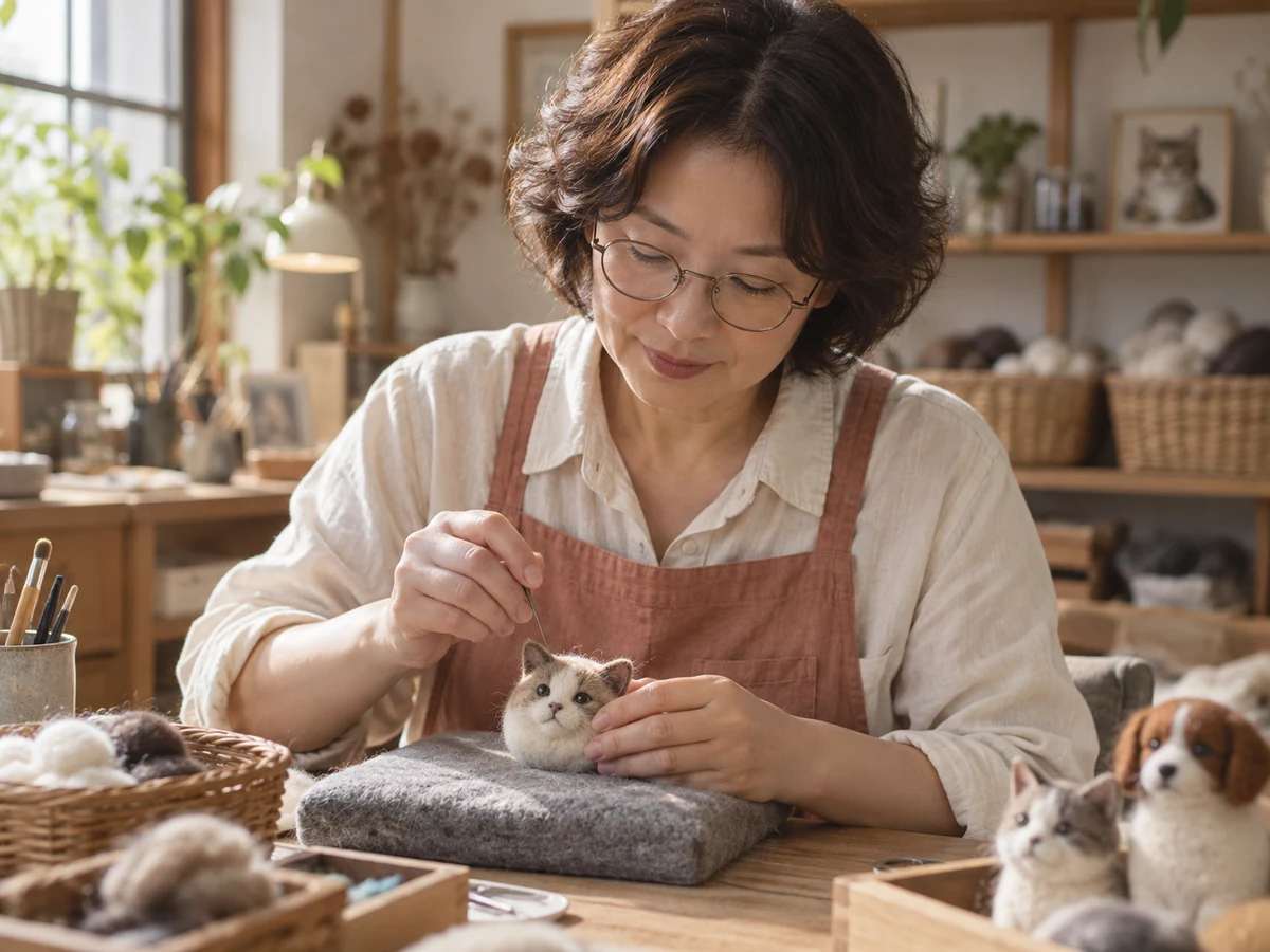 An artisan needle felting a wool cat portrait at a workbench