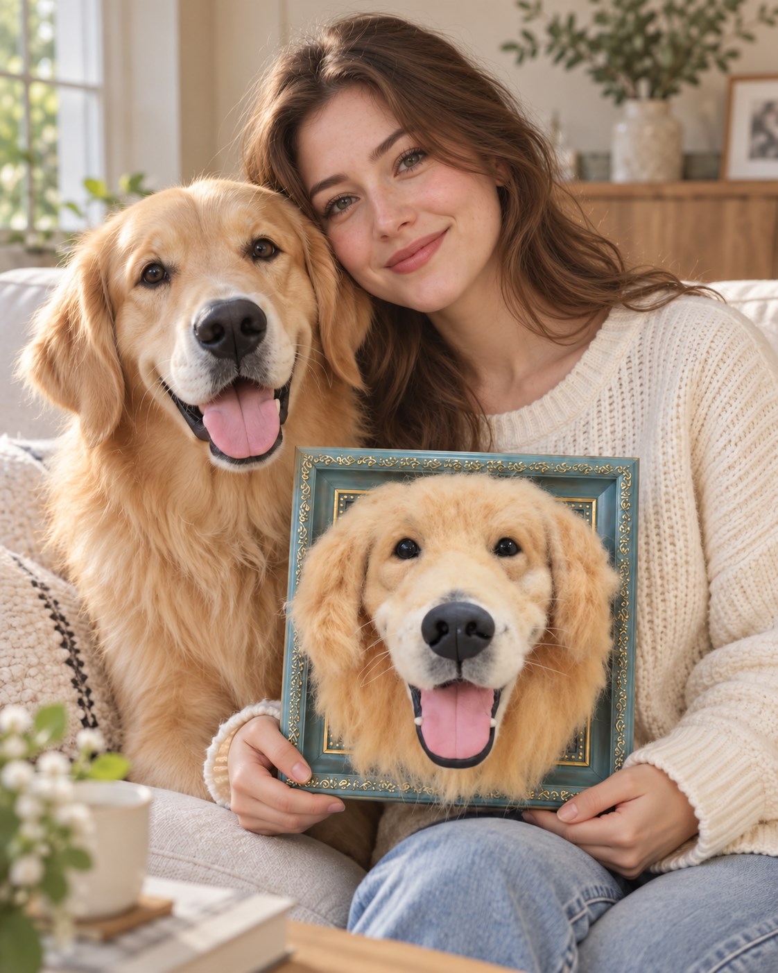 Golden retriever with a white European pet parent and a teal-framed wool portrait