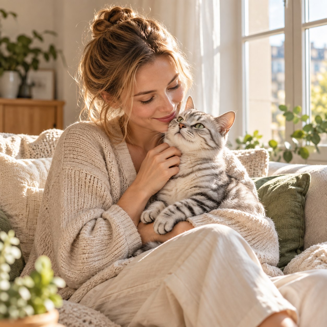 A woman cuddling her silver tabby by a sunny window