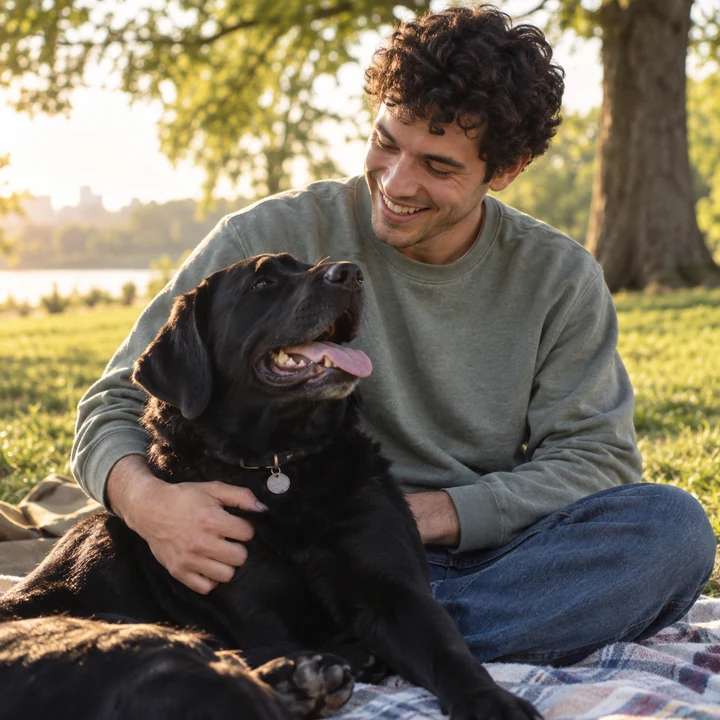 Black Labrador relaxing with its owner in a park