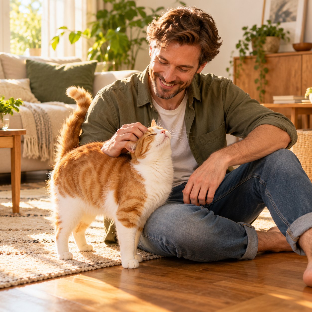 A man playing with his orange-and-white cat at home