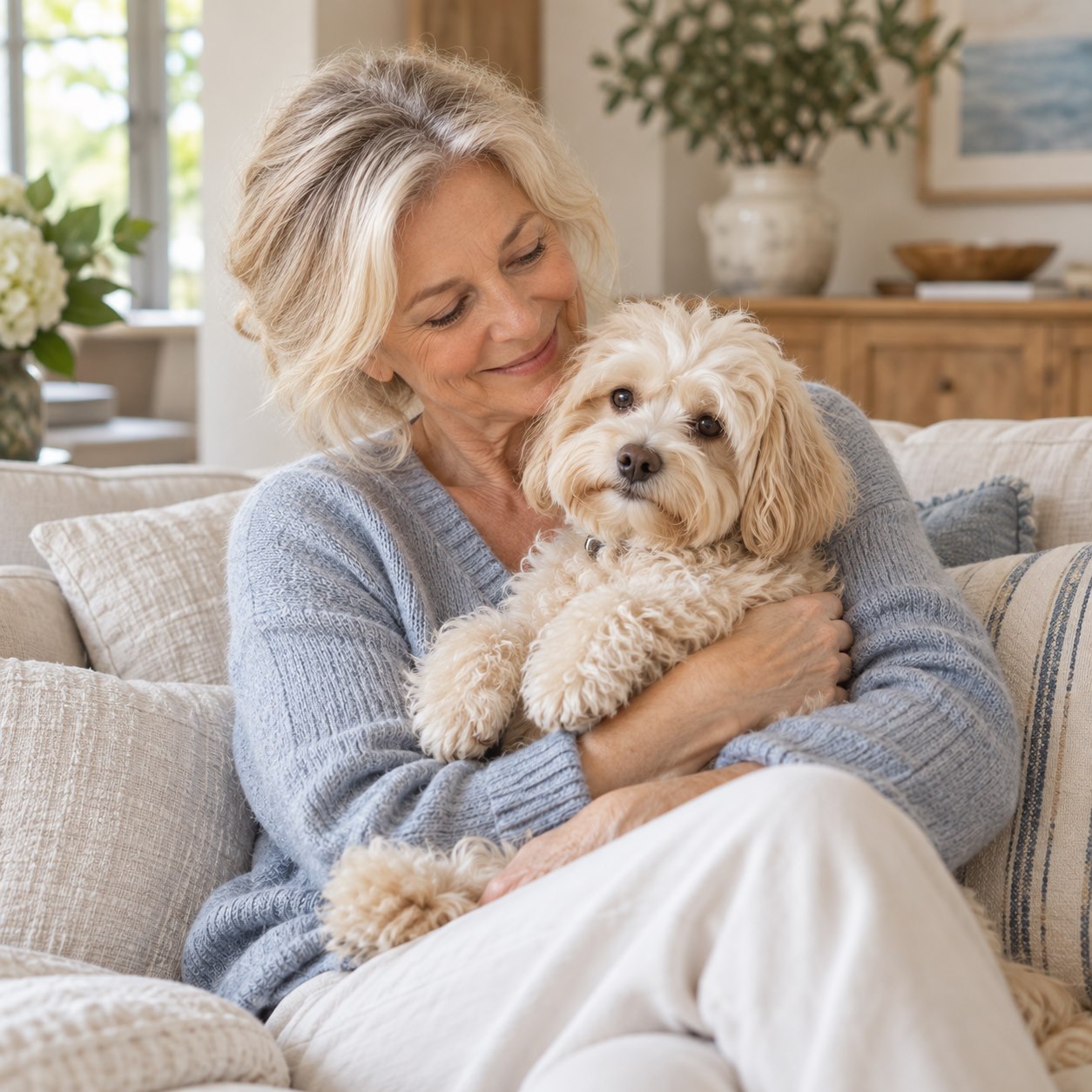 An older woman holding her small fluffy dog on a sofa