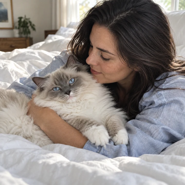 Ragdoll cat cuddling with its owner