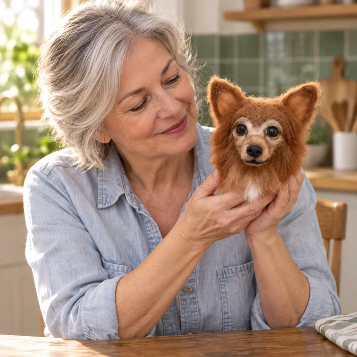 A pet parent holding a small Chihuahua wool portrait