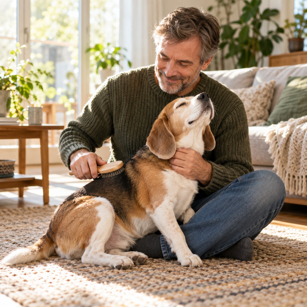 A man gently brushing his elderly beagle at home