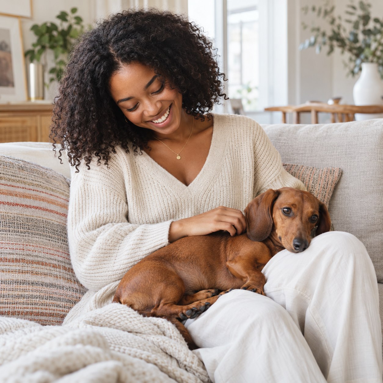 A woman relaxing with her dachshund on the sofa