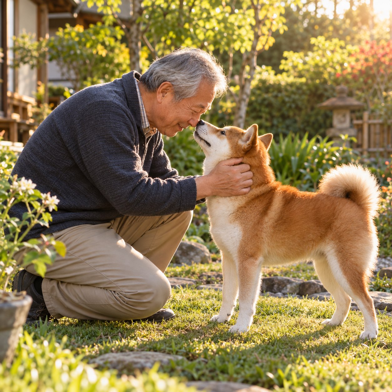 An older man greeting his Shiba Inu in the garden