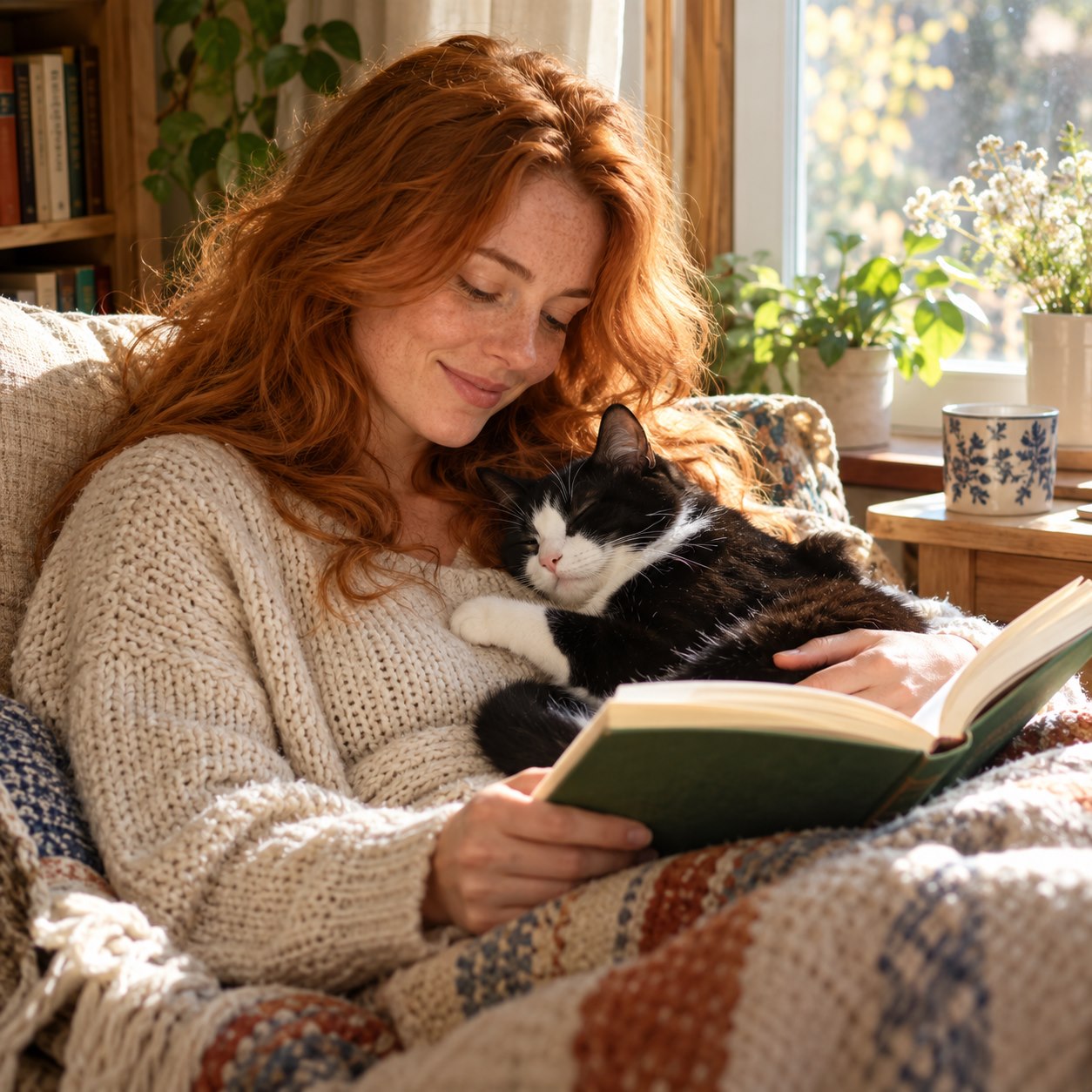 A woman reading with her tuxedo cat by the window